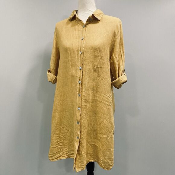 FRANCESCA BETTINI M Linen Yellow Button Shirt Dress Roll-Tab Cottage Lagenlook - Picture 2 of 16